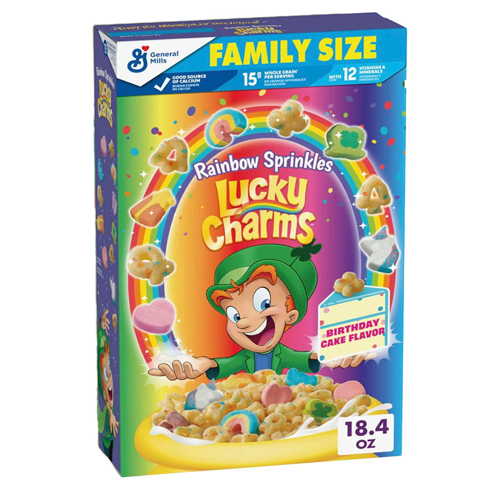 Lucky Charms Cereal Rainbow Sprinkles Birthday Cake Flavoured Limited Edition Family Size (521g)