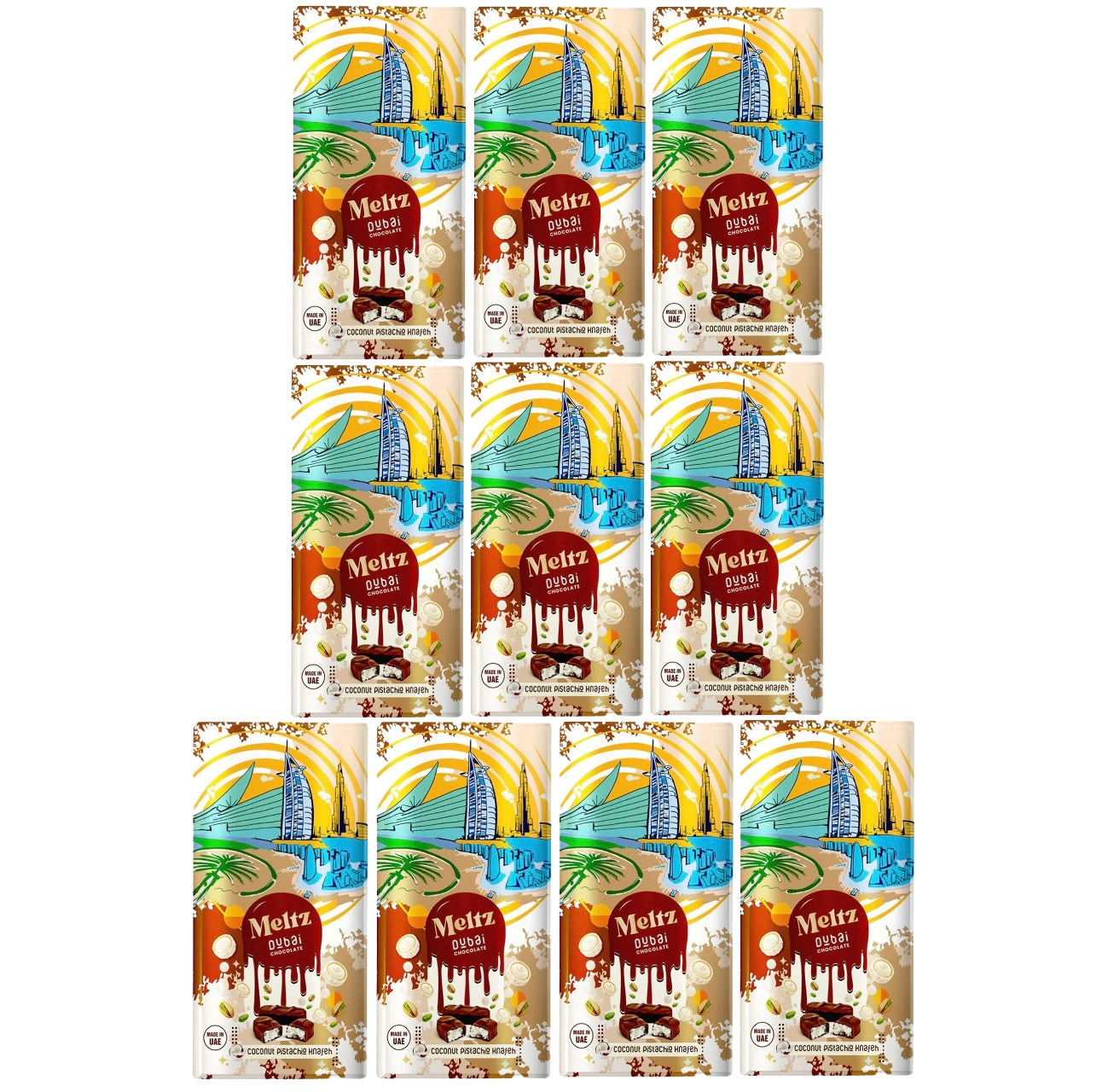 Meltz Dubai Coconut Pistachio Knafeh 10 Pack Chocolate Bars