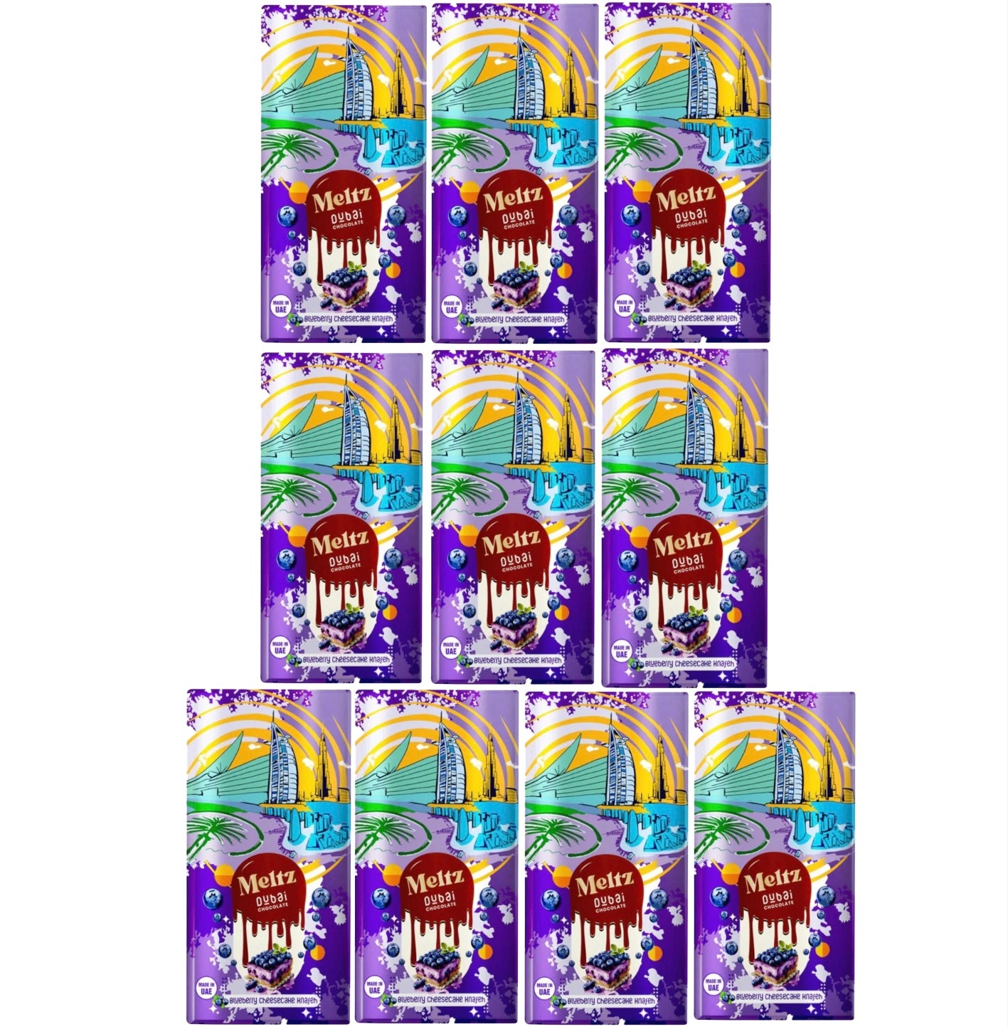 Meltz Dubai Blueberry Cheesecake Knafeh 10 Pack Chocolate Bars
